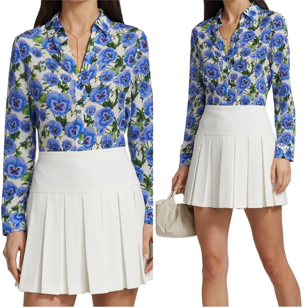 Alice + Olivia Eloise Blue Floral 100% Silk Button Down Long Sleeve Blouse